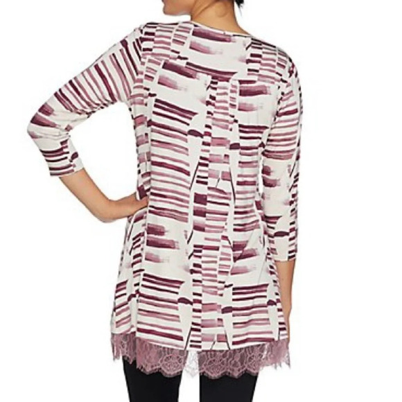 LOGO by Lori Goldstein Purple Cream Printed Top with Lace Hem and Pockets - Picture 2 of 9